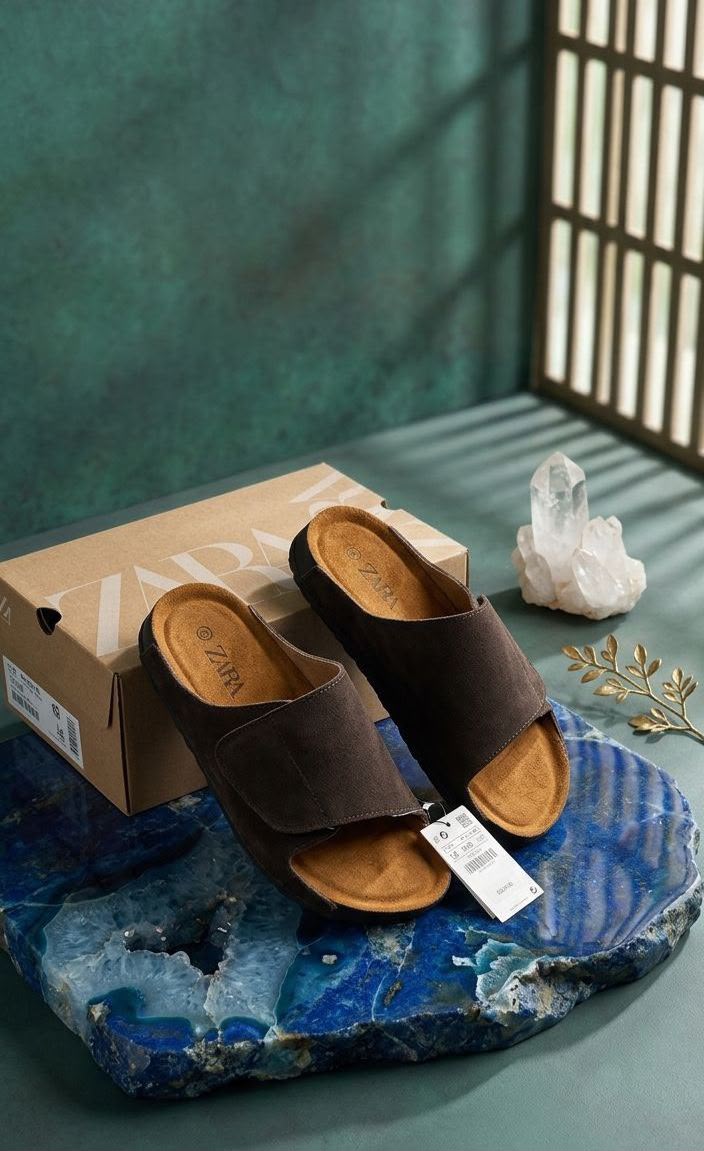 Buy Zara Men Black Tan Leather Velcro Mules - Image 6