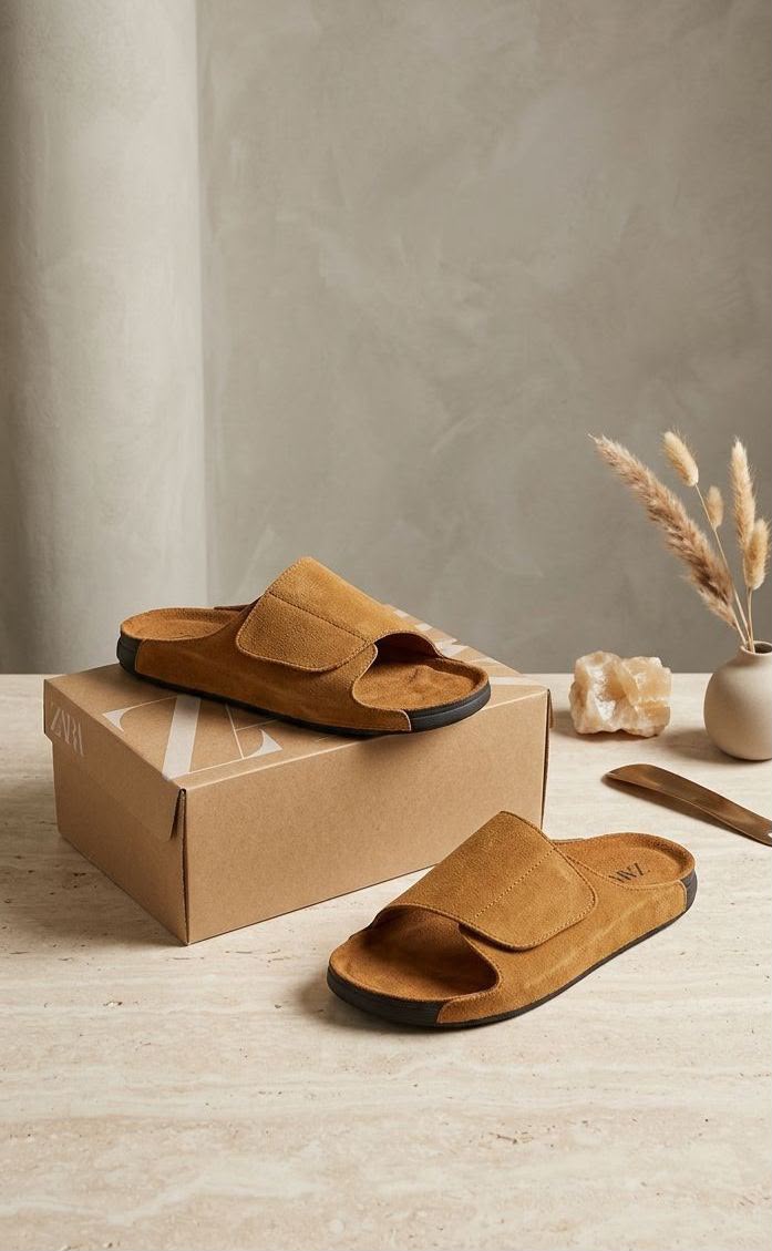 Buy Zara Men Black Tan Leather Velcro Mules - Image 4