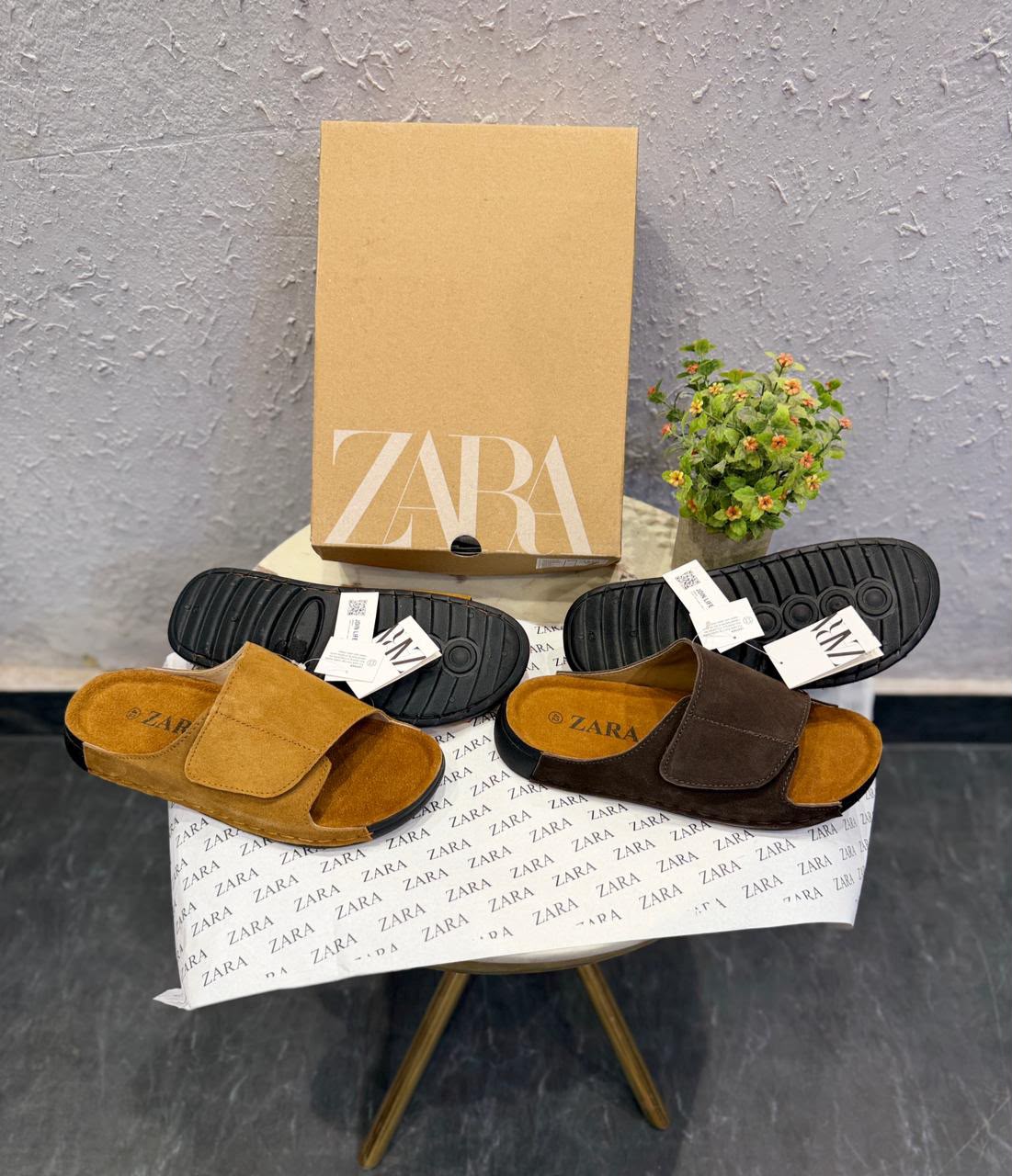Buy Zara Men Black Tan Leather Velcro Mules